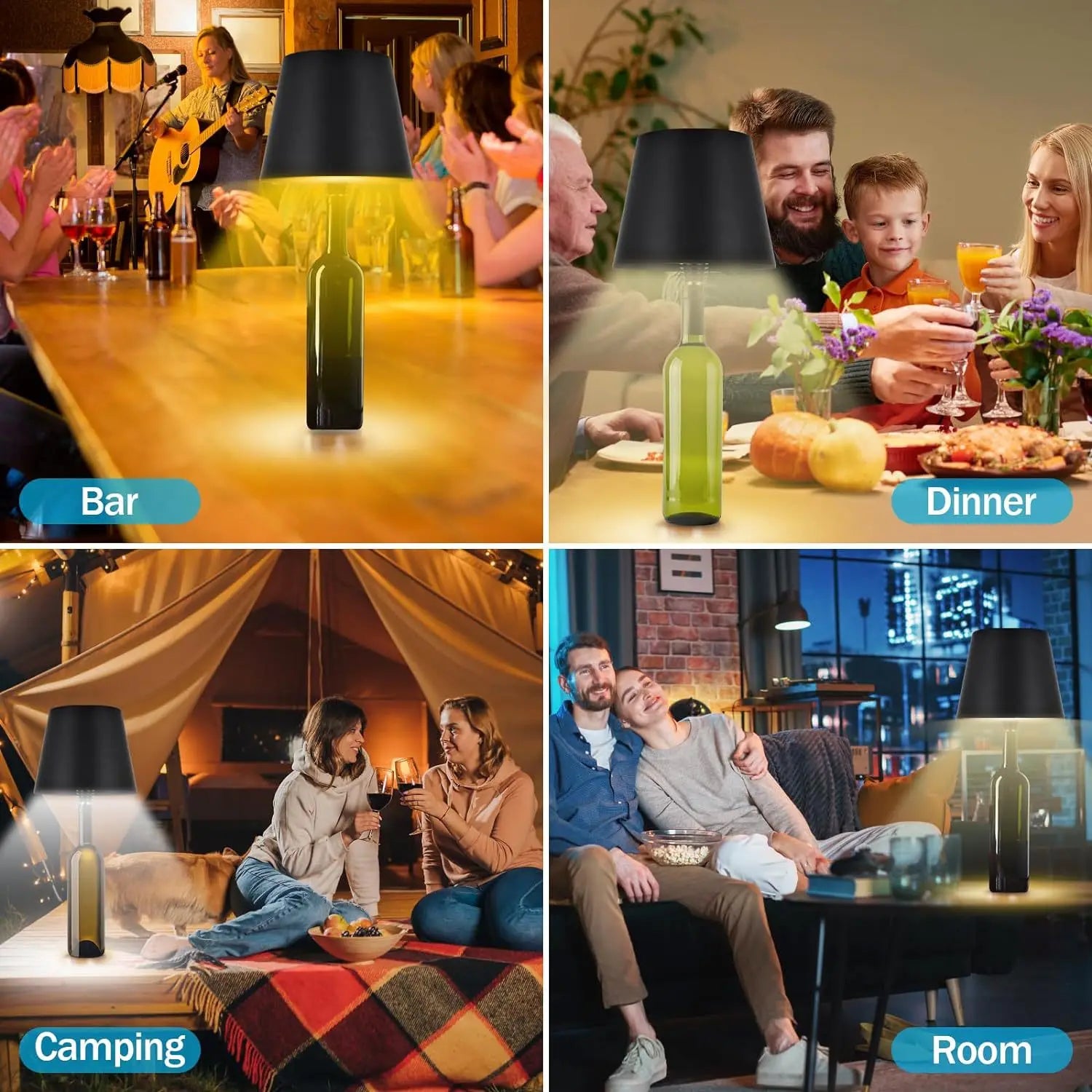 Black wine bottle LED lamps for bar, dinner, camping, and room use (multi-scene)