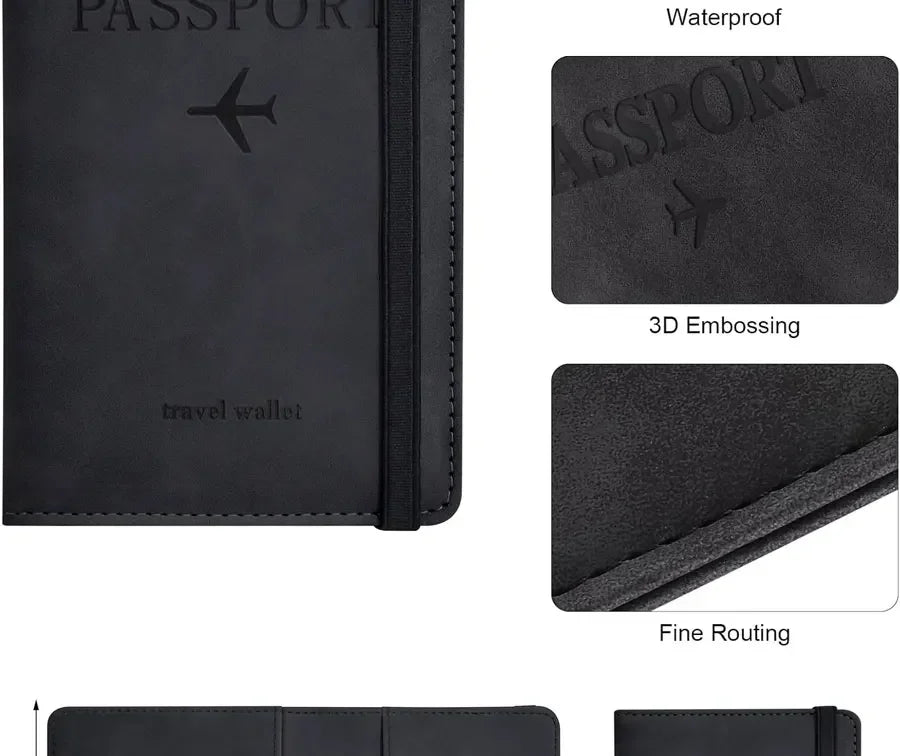 Black PU passport wallet with embossed airplane, waterproof 3D textured finish