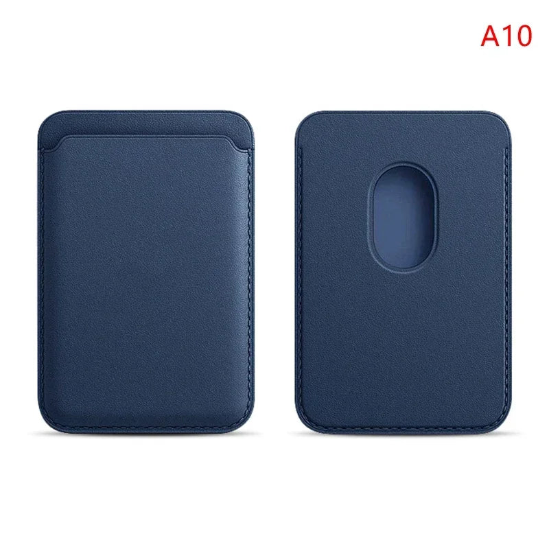 Magnetic wallet, dark blue leather-style cover with oval magnetic contact window