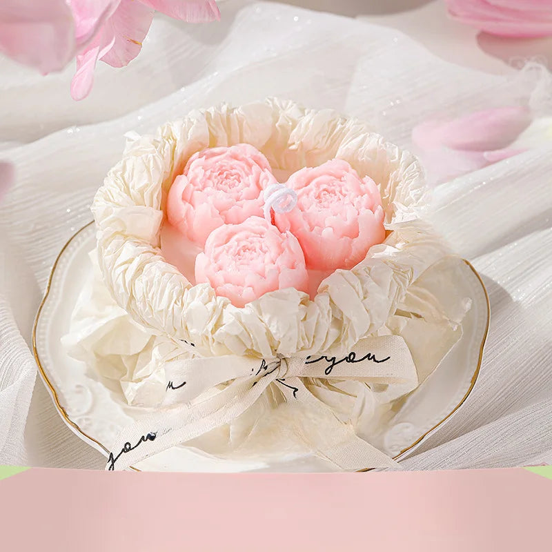 Romantic Bouquet Candle gift box with light pink rose-shaped candles in heart dish