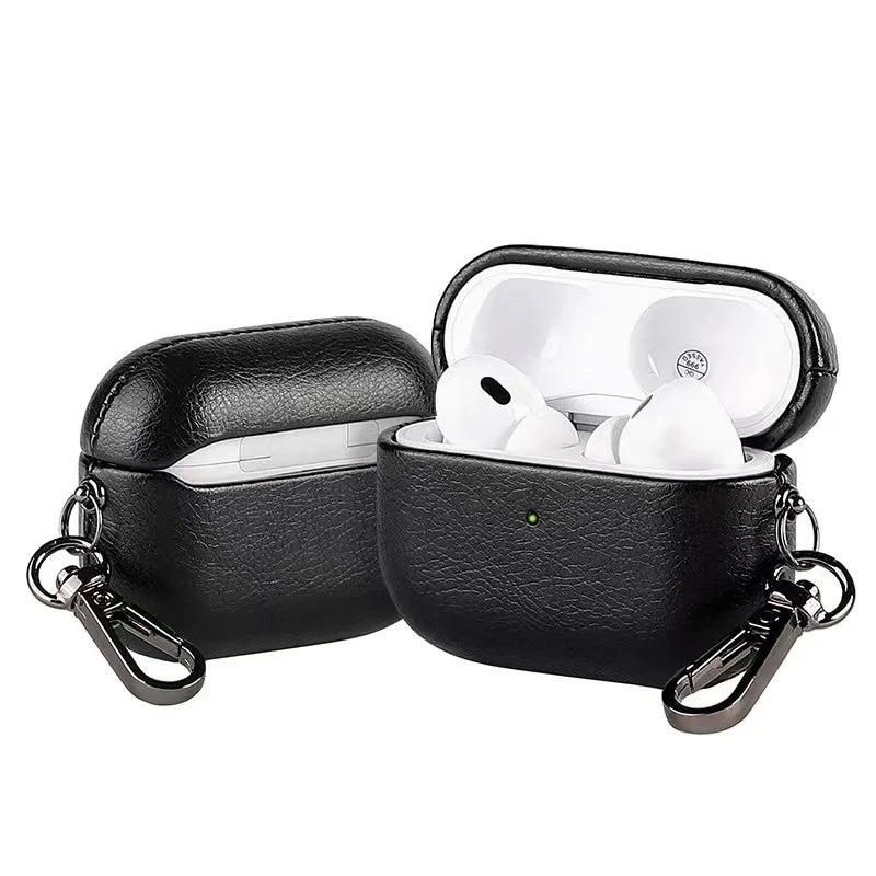 Metal keychain AirPods case in black leather with AirPods in charging case
