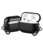 Metal keychain AirPods case in black leather with AirPods in charging case