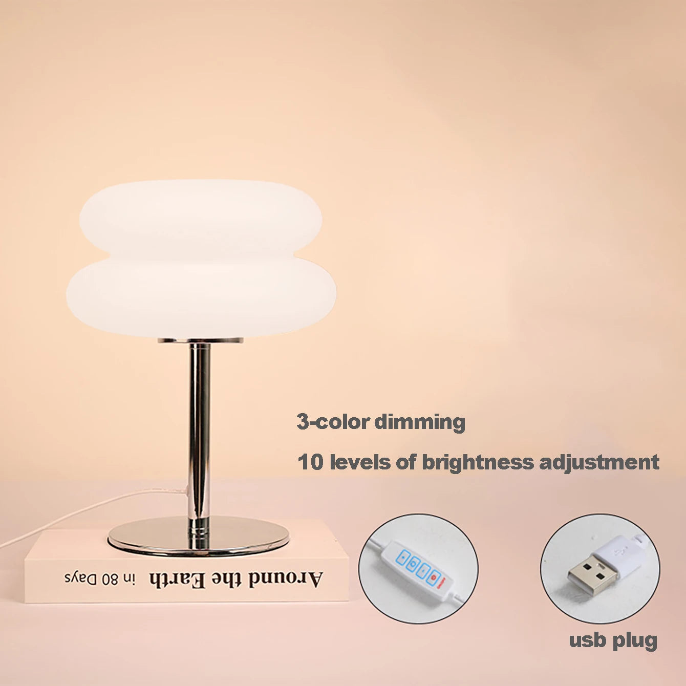 White mushroom USB table lamp with chrome stem and round metal base