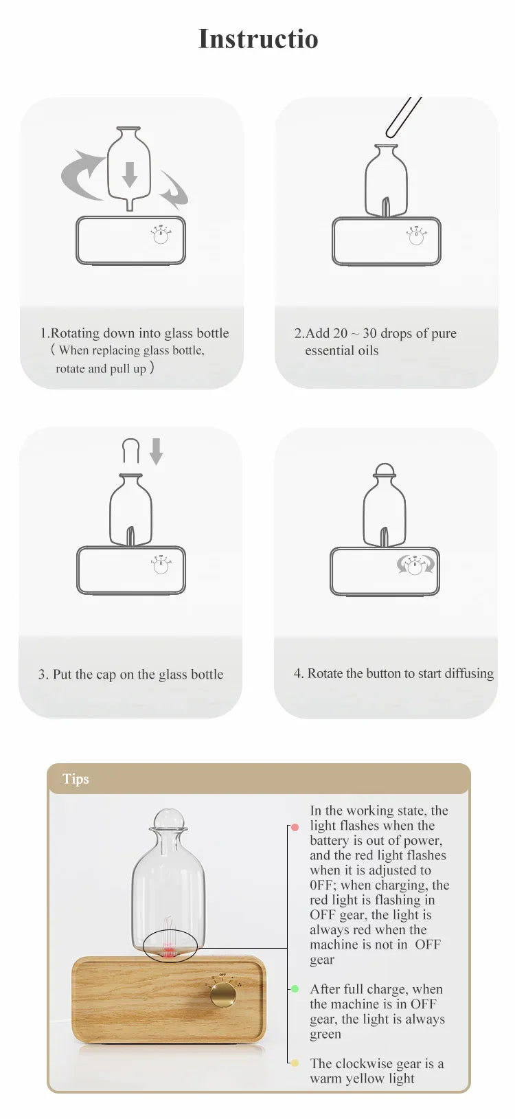 Glass essential oil diffuser on light wood base with clear bottle and control button