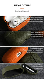 Cowhide leather AirPods case with visible grain and sealed leather edges
