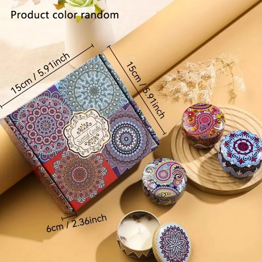 4-piece scented candle set with patterned tins and gift box