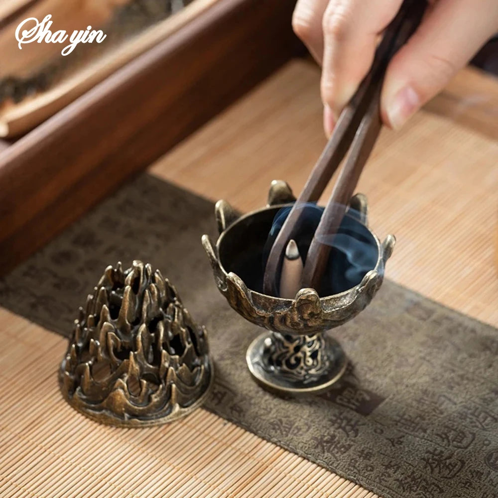 Bronze mountain incense burner with metal holder for incense sticks and smoke
