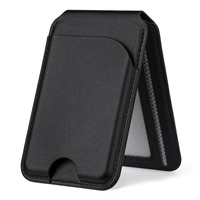 2-in-1 MagSafe wallet stand in midnight black, textured leather with card holder window