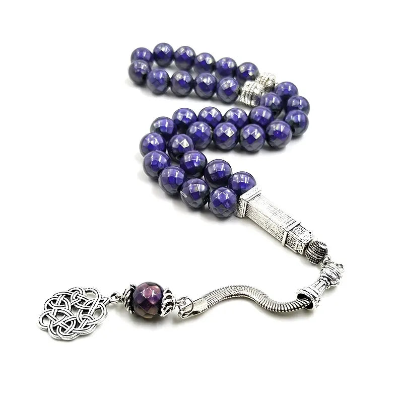 Tasbih misbaha with faceted deep purple 10mm beads and silver rectangular centerpiece