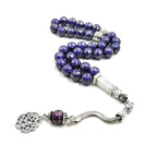 Tasbih misbaha with faceted deep purple 10mm beads and silver rectangular centerpiece
