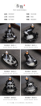 Black backflow incense tower burner with cone incense rising from center