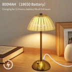 Cordless night lamp with gold pleated shade, charging cable connected