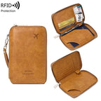 Vegan leather passport sleeve, tan, zip top with card slots showing RFID protection signs