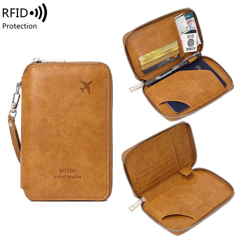 Vegan leather passport sleeve, tan, zip top with card slots showing RFID protection signs