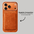 Alcantara MagSafe wallet card holder, orange textured fabric with rear camera cutout