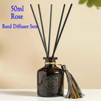Rose 50ml reed diffuser set: dark bottle with black reeds and gold tassel