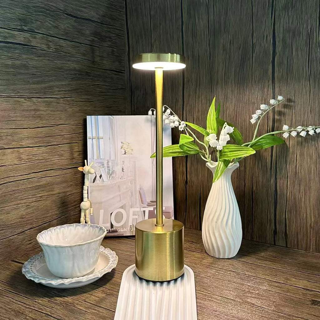 Gold classic stepless dimming table lamp with cylindrical base and round top