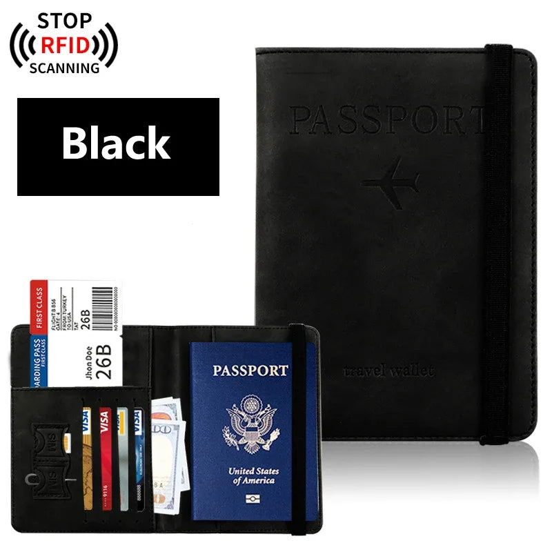 Midnight black RFID passport wallet with airplane emblem and multiple card slots