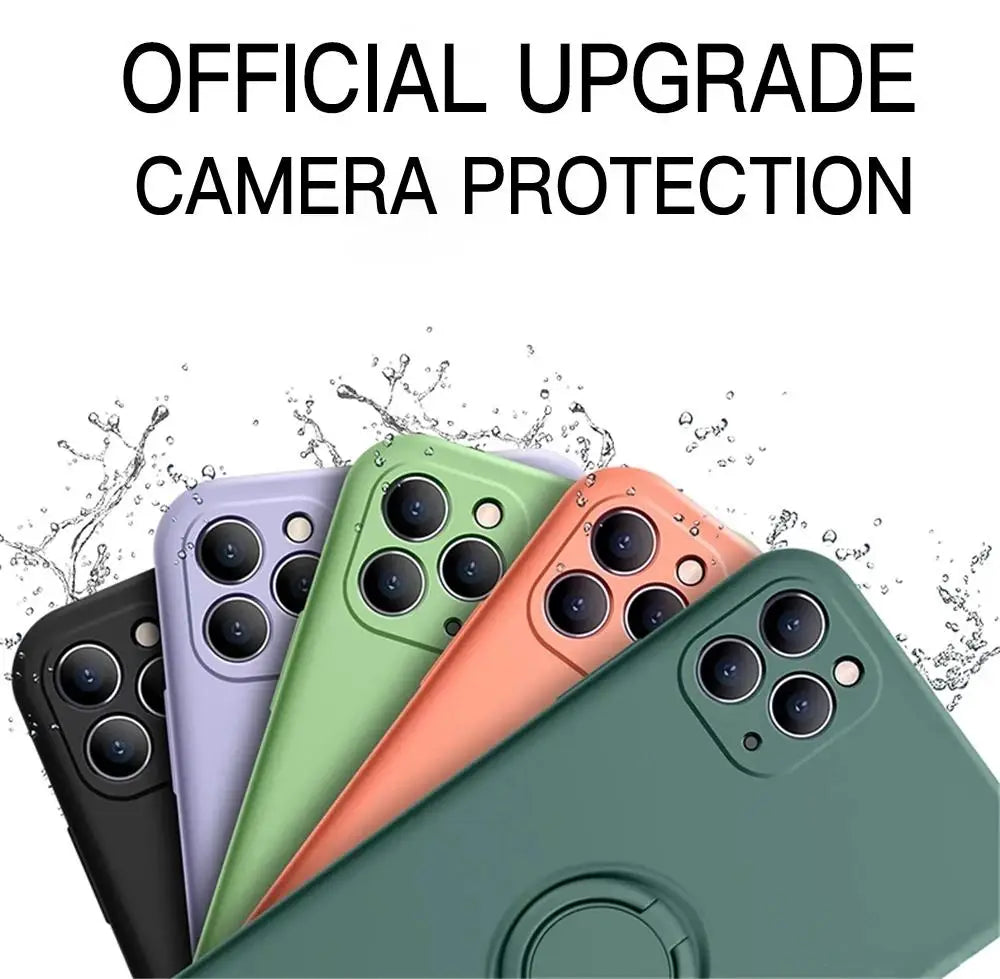 Silicone MagSafe phone cases in multiple colors with circular ring stands on backs