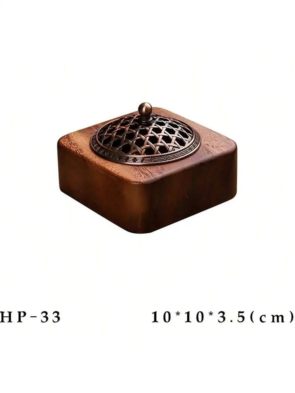 Square solid wood incense burner with round lattice insert and bronze knob