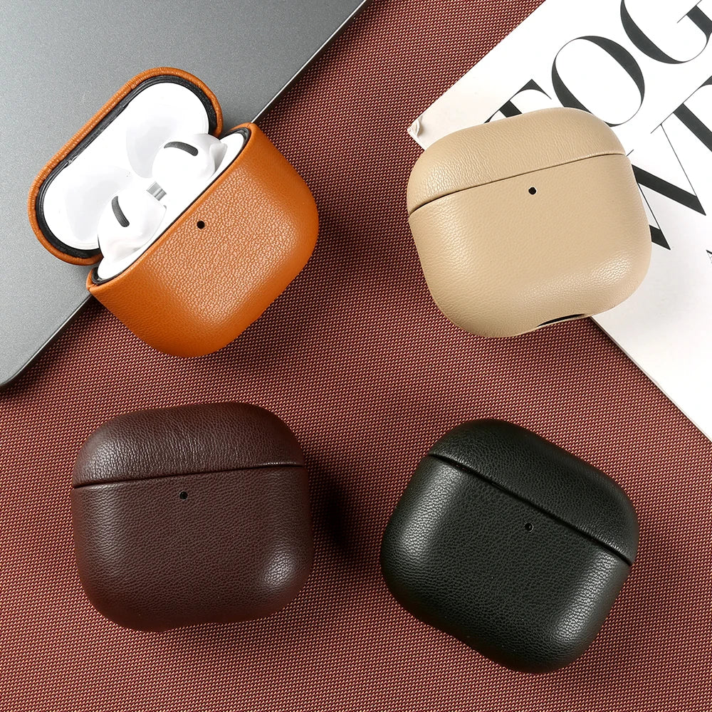 Assorted eco-leather AirPods cases in tan, black, brown, green, and orange