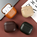 Assorted eco-leather AirPods cases in tan, black, brown, green, and orange