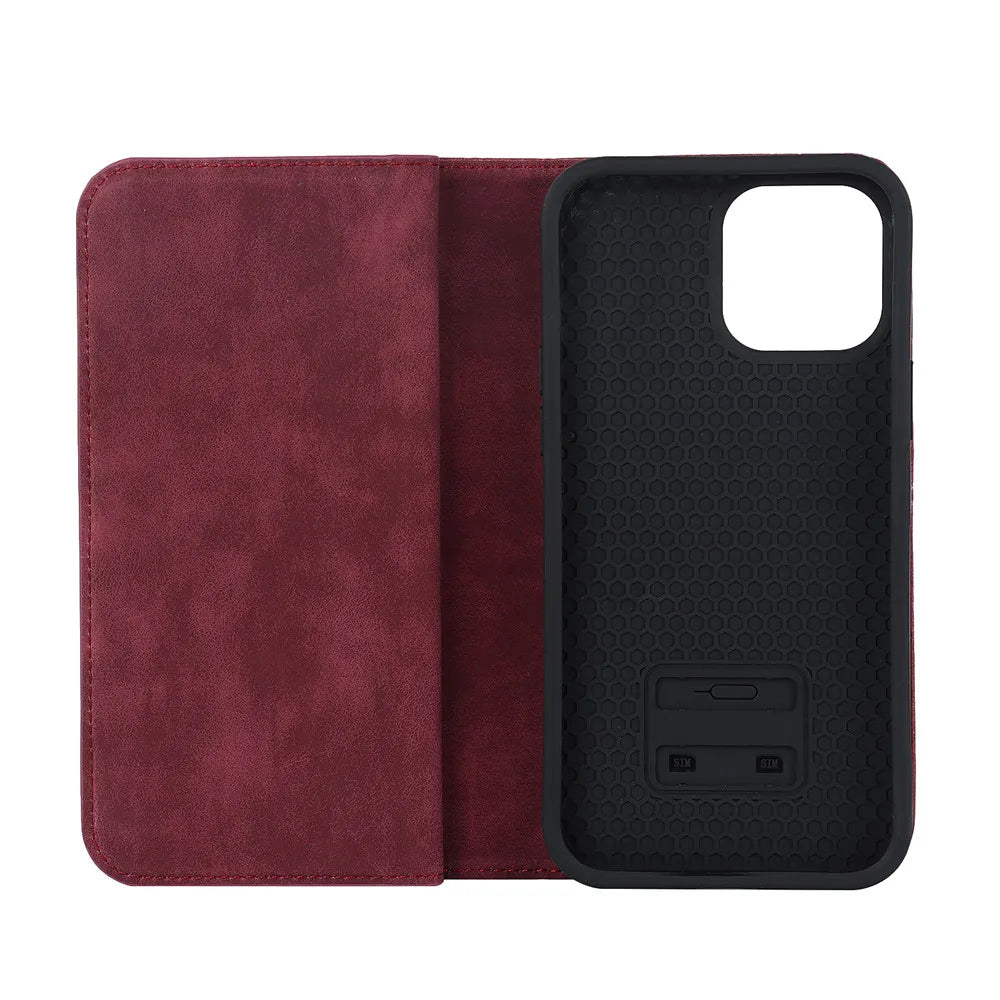 Crimson red MagSafe wallet folio with front cover and textured phone back case