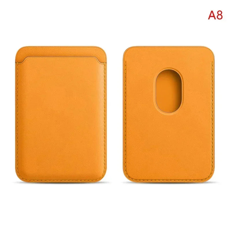 Magnetic wallet in orange leather, back view with oval card window