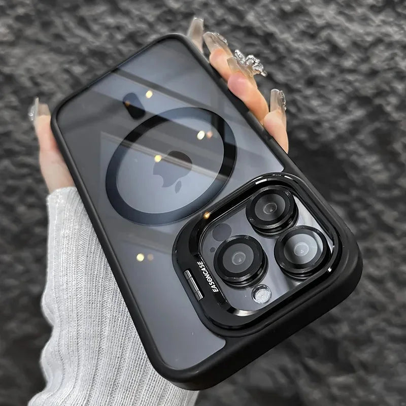 Dark gray phone case with magnetic lens ring and triple camera cover, black frame