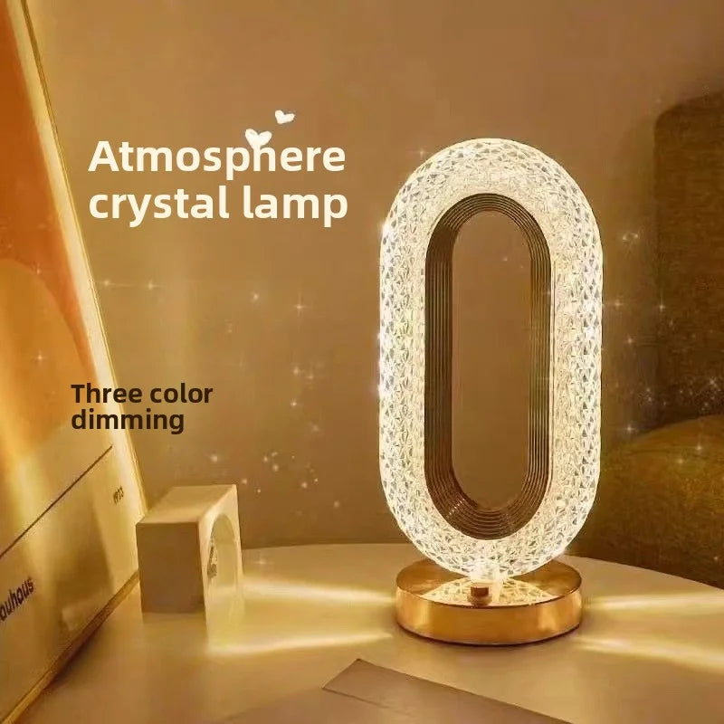 Pearl white crystal oval lamp with gold base, three-color dimming