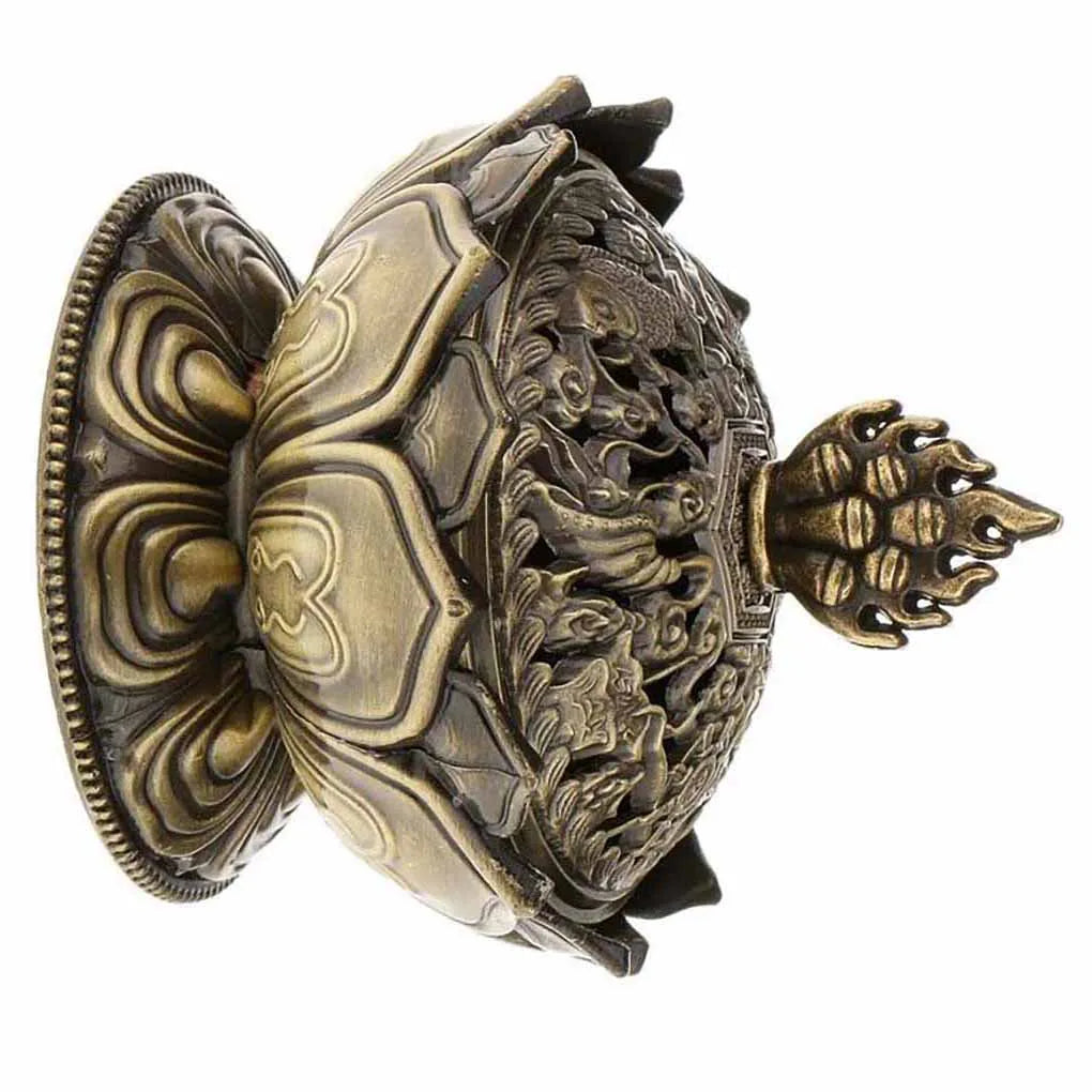 Antique bronze lotus incense burner angled view with engraved lotus panels and finial
