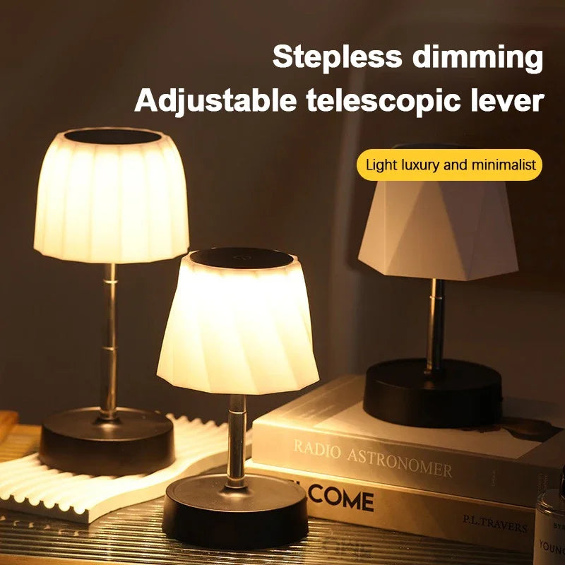 Adjustable-height cordless LED desk lamp set with warm shades on black bases