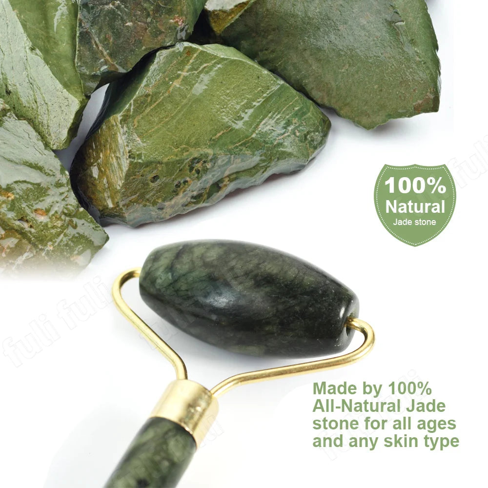 Green jade roller with gold frame and smooth stone head with natural jade pieces