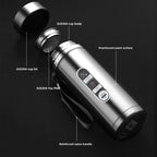 Silver LED thermos flask with lid, carrying handle/strap, and side control panel