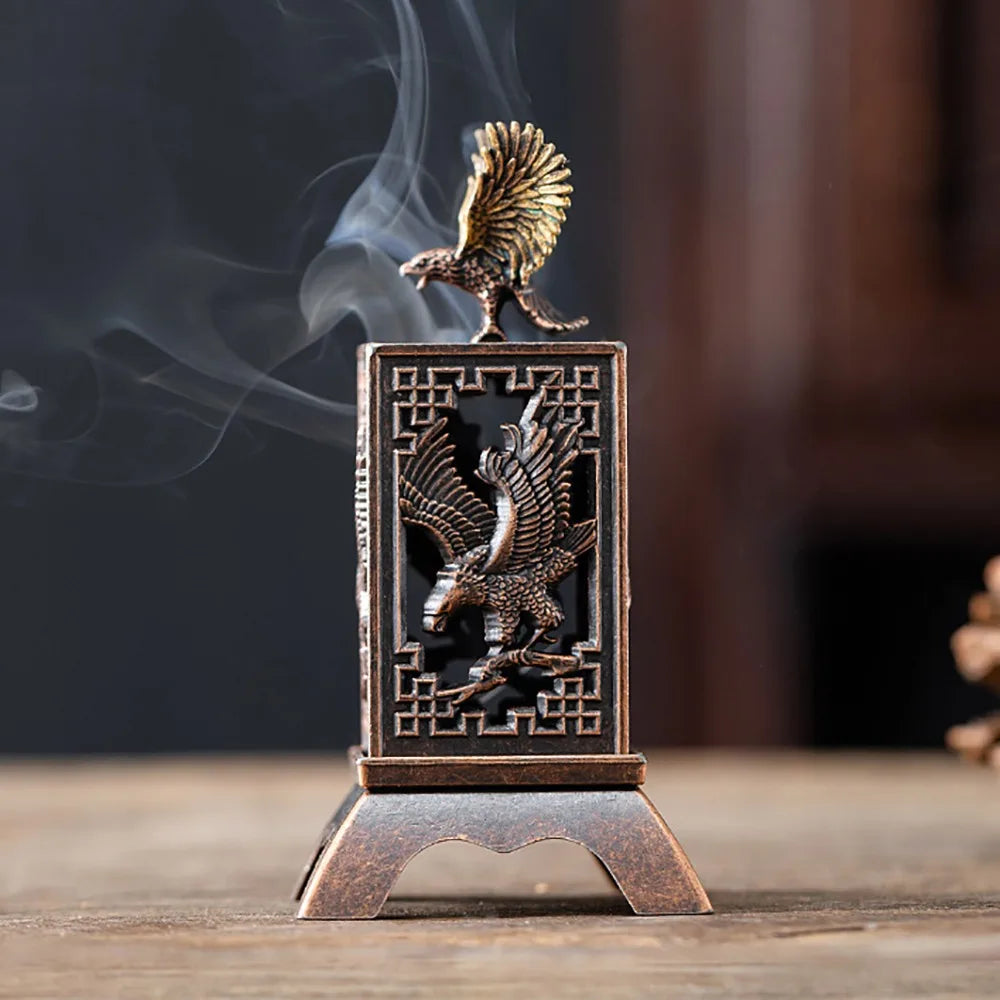 Zinc vertical incense holder with eagle relief in framed lattice, warm bronze finish