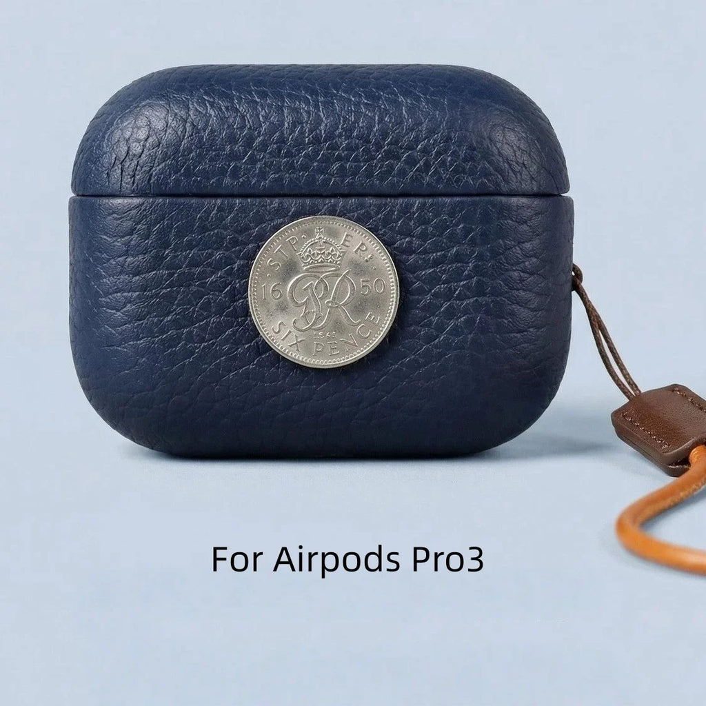 Navy leather AirPods Pro 3 coin case, rear view with wrist strap detail