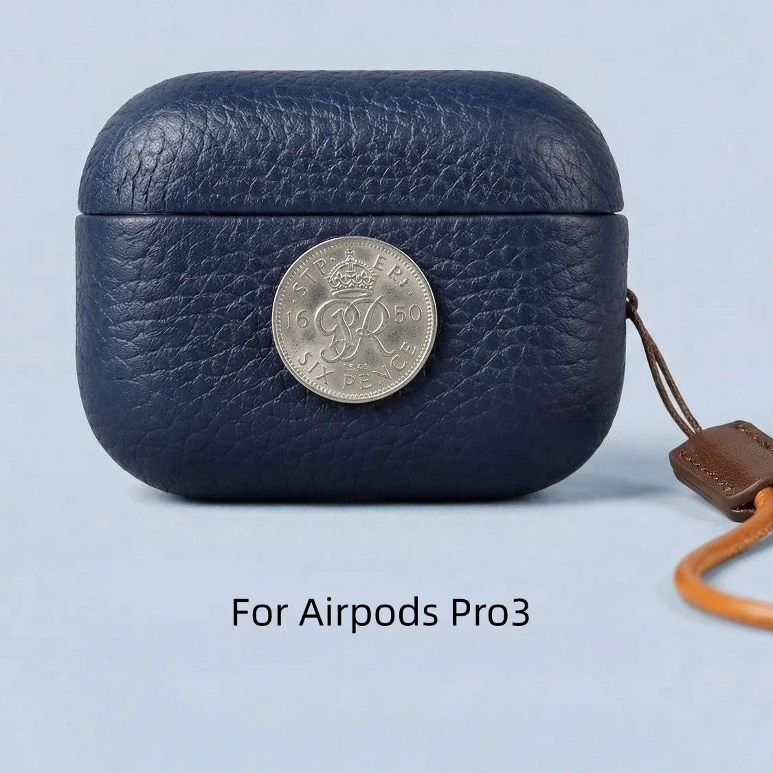 Navy leather AirPods Pro 3 coin case, rear view with wrist strap detail