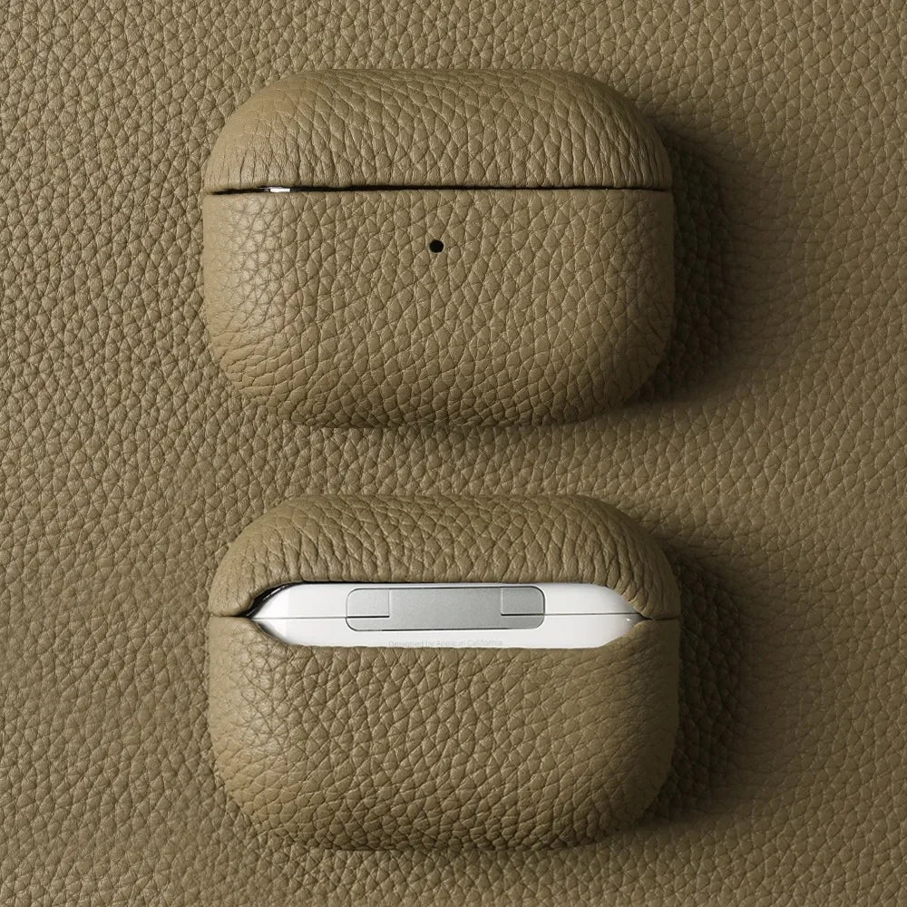 Cowhide leather AirPods case in khaki, front button and charging slot cut-out