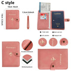 Blush pink passport cover with round button strap and passport slot, open and closed