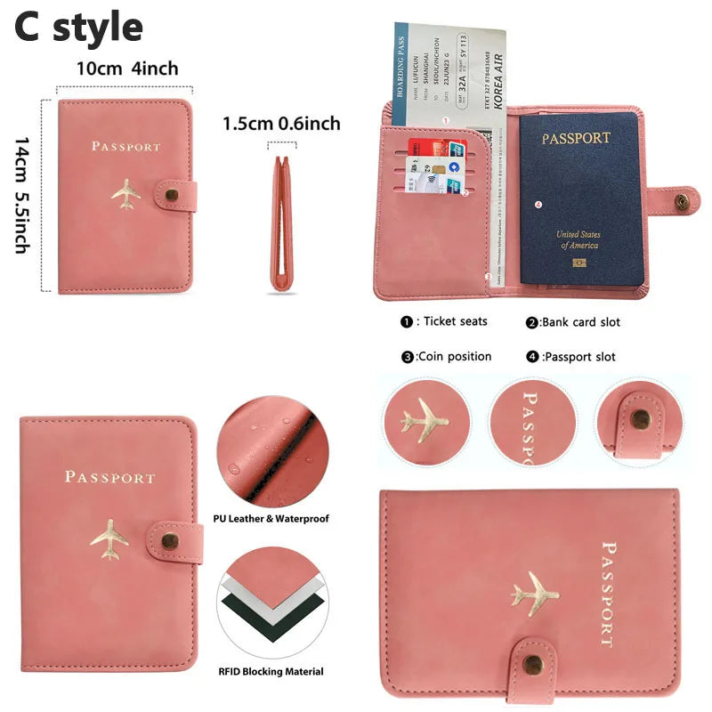 Blush pink passport cover with round button strap and passport slot, open and closed