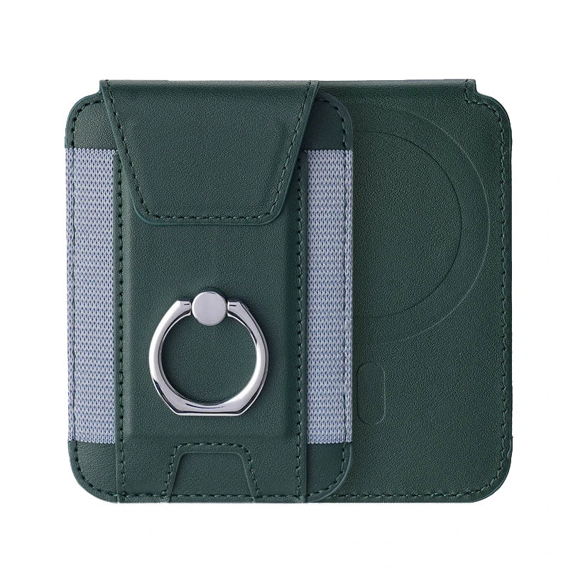 Green magnetic card wallet with ring clasp, vertical card slots, and side tabs