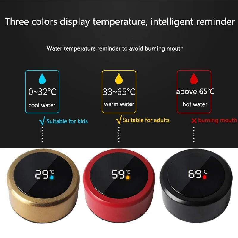 Thermos lids in gold, red, and black with digital temperature readout