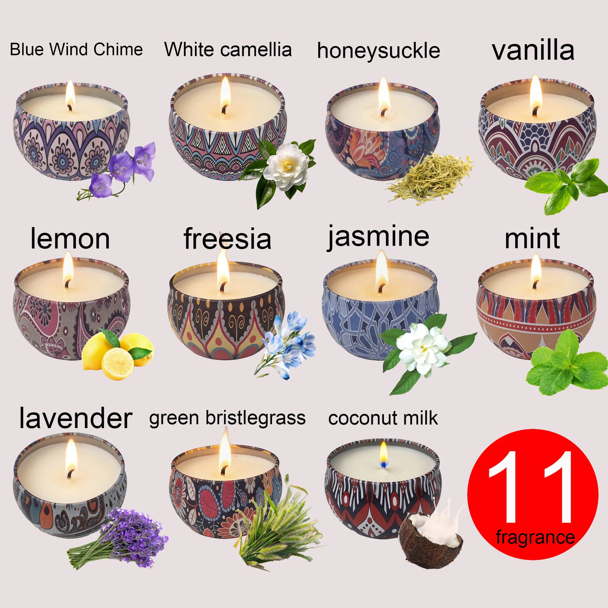 Tin candle set with multiple scents incl lemon, freesia, jasmine and mint, all lit