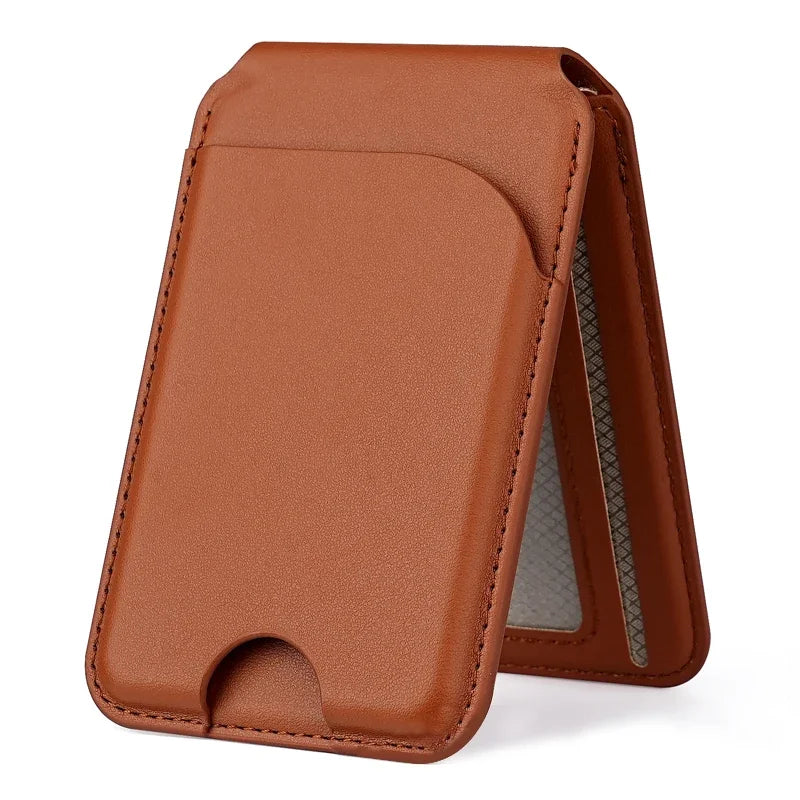 2-in-1 MagSafe wallet stand in cognac brown, textured leather with card holder window