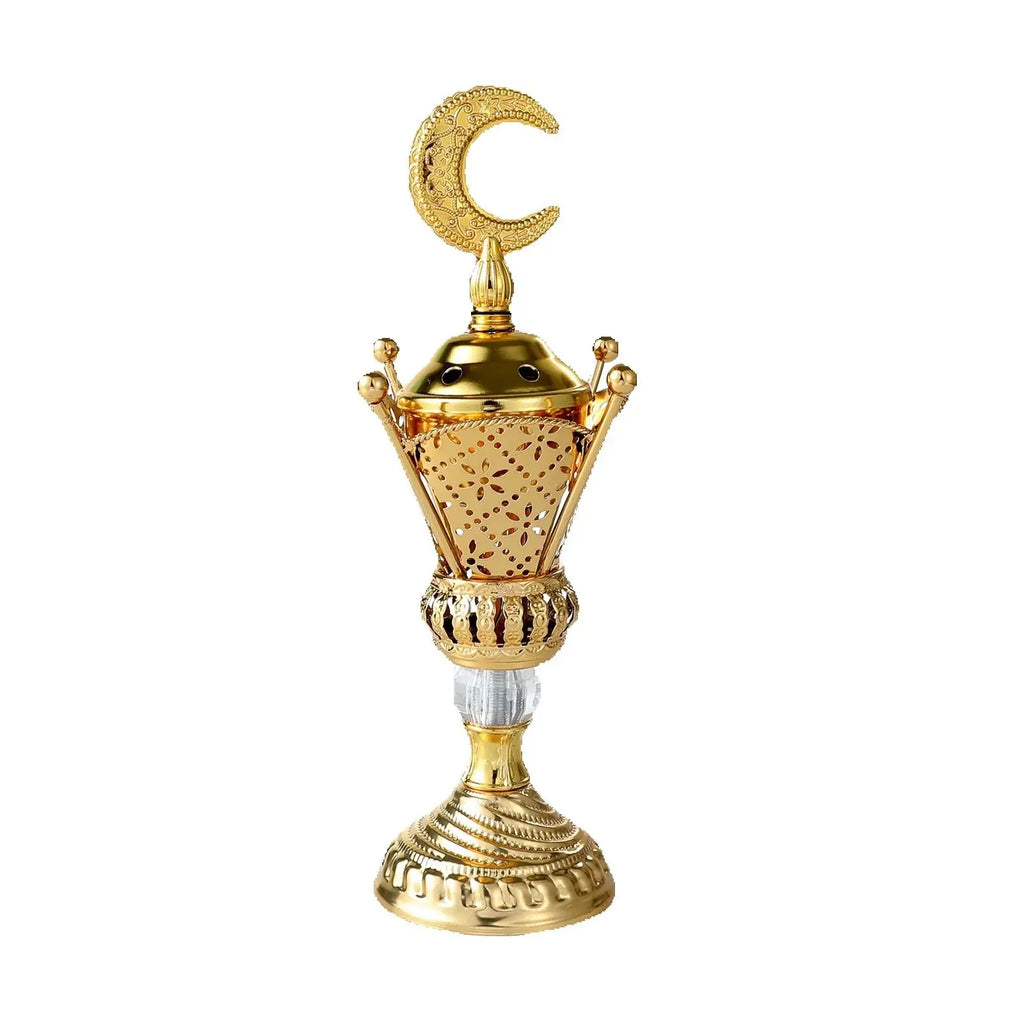 Golden charcoal mabkhara front view with crescent finial and engraved pedestal