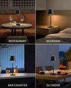 Black LED desk lamp on round table, glowing warm light for restaurant or bar