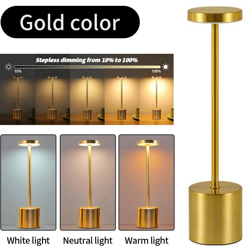 Gold classic stepless dimming table lamp, tall stem with round top and base