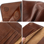 Warm espresso leather passport wallet close-up: round snap, stitched seams, card-slot panels
