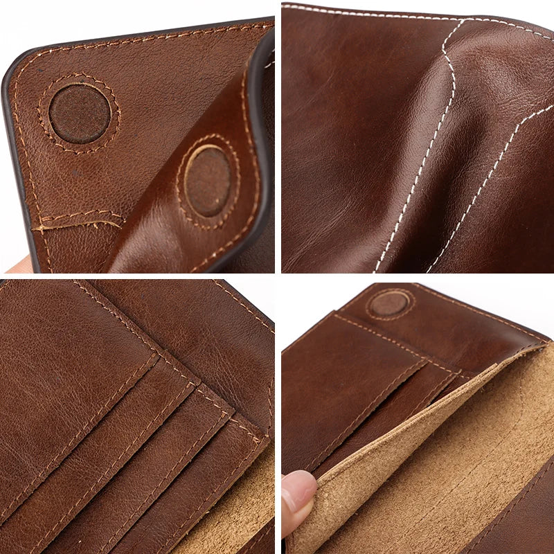 Warm espresso leather passport wallet close-up: round snap, stitched seams, card-slot panels