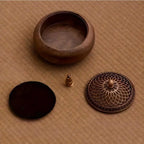 Round solid wood incense tray with lid, plus separate round base insert